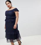 Lost Ink Plus Off Shoulder Maxi Dress With Tiered Ruffle Layers In Lace - Navy