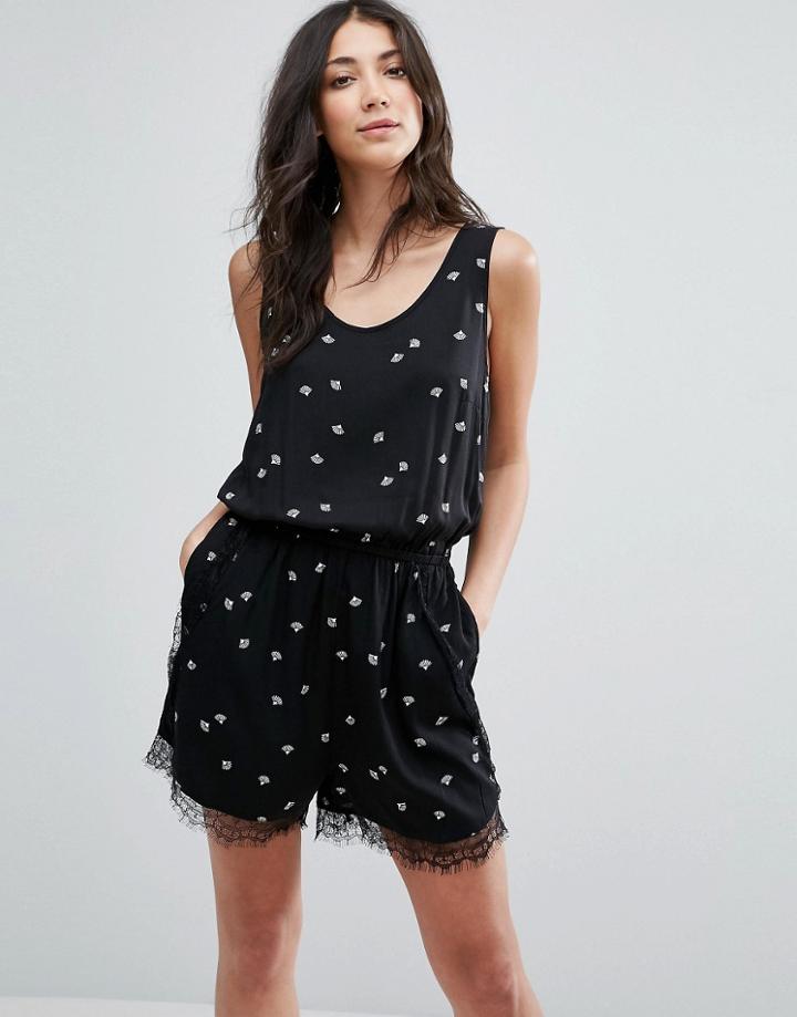 Vero Moda Heart Print Romper With Lace Trim - Multi