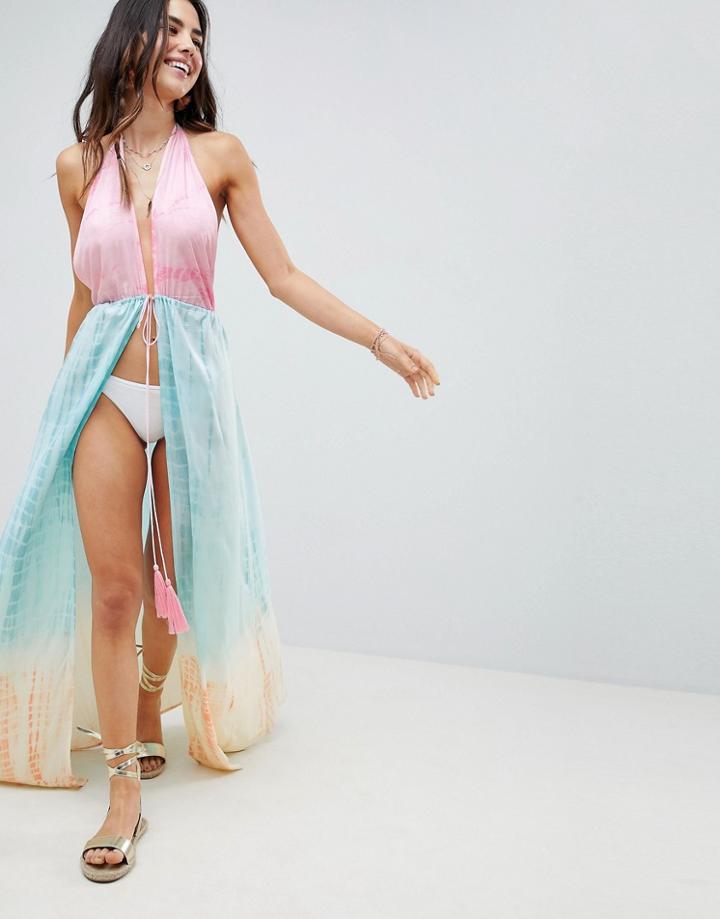 Asos Design Ombre Maxi Beach Cover Up With Tie Front - Multi