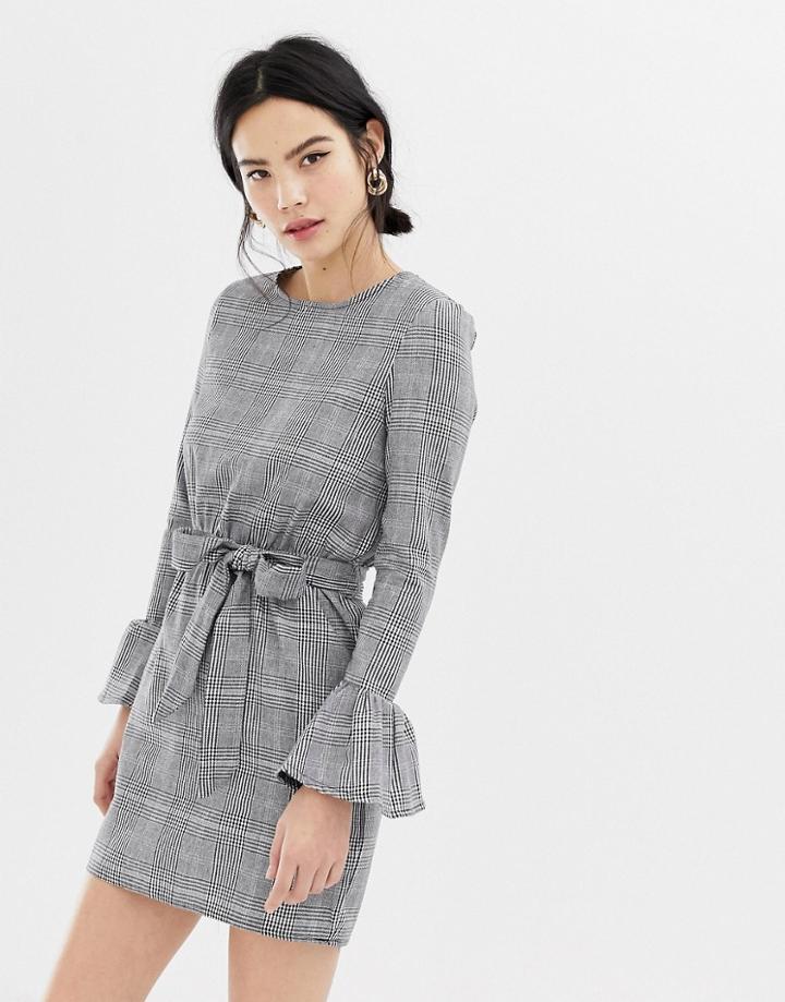 Parisian Check Dress With Flare Sleeve And Tie Waist-black