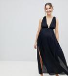 Asos Design Maternity Grecian Plunge Maxi Woven Beach Dress - Black