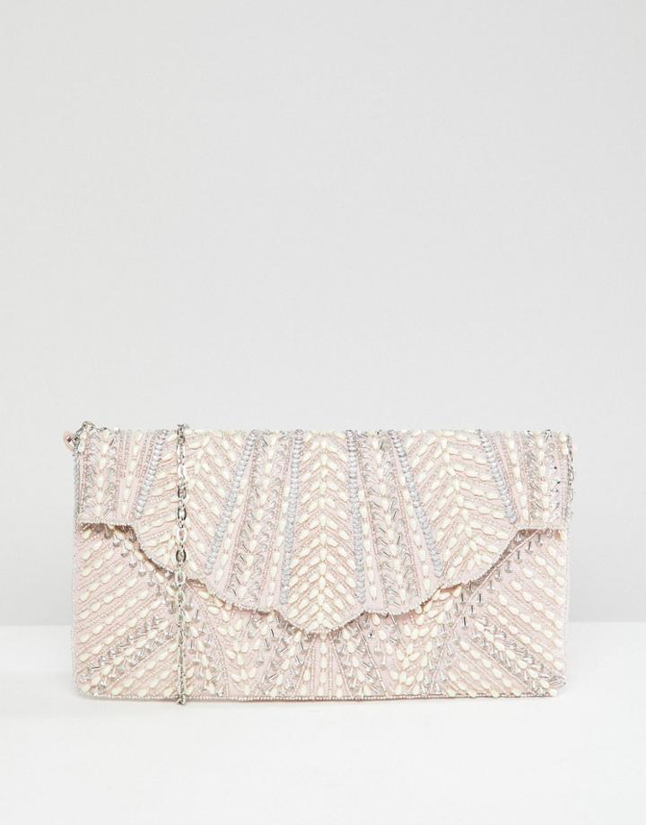 New Look Scallop Pearl Embellished Clutch Bag - Cream