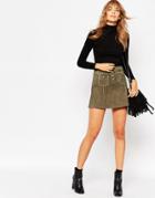 Asos A-line Suede Mini Skirt With Contrast Stitch And Button Through - Khaki $37.50