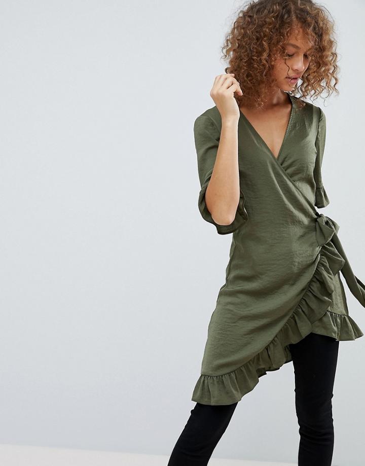 Asos Longline Wrap Top With Ruffle-green