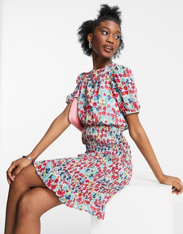 New Look Shirred Puff Sleeve Mini Dress In Blue Pattern-blues