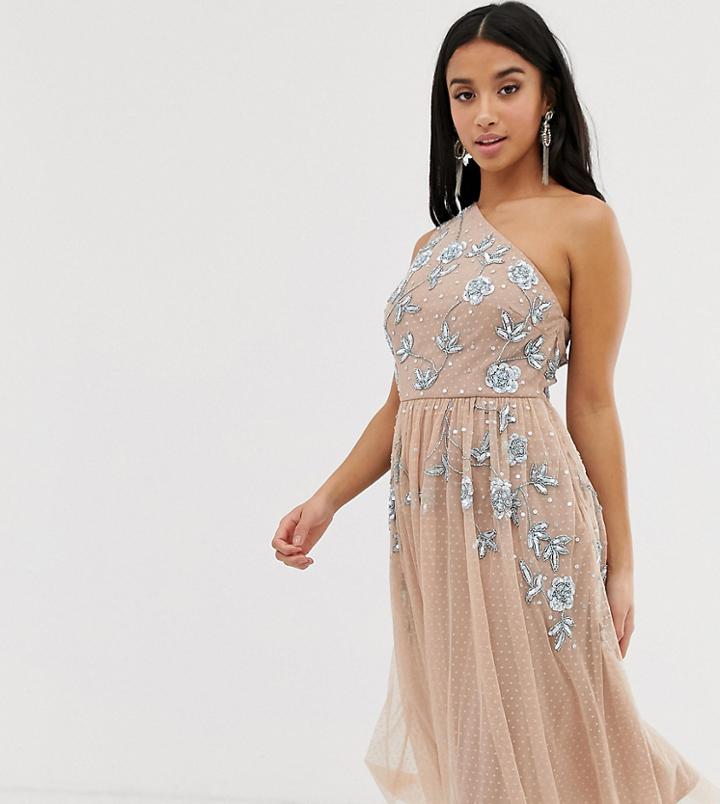 Maya Petite Floral Embellished One Shoulder Midi Dress In Pink And Blue-multi