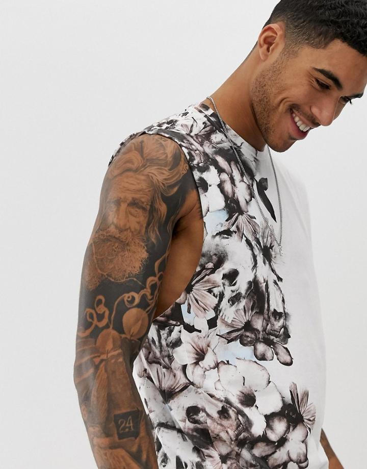 Religion Tank With Drop Armhole In Skull Floral Side Print - White