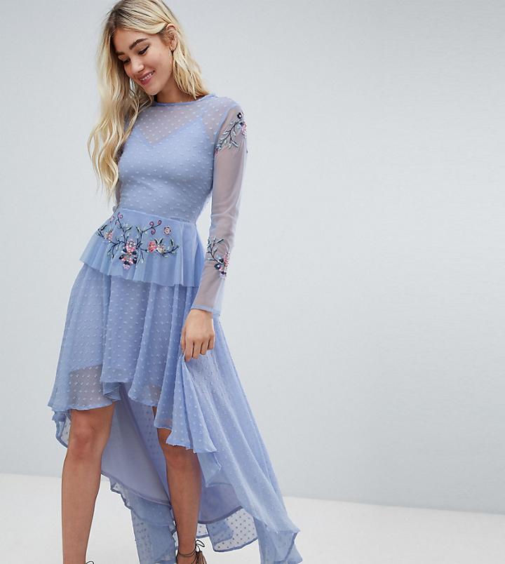 Lace & Beads Embroidered High Low Dress In Blue - Blue