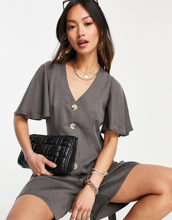 Vero Moda Linen Romper With Flutter Sleeves In Khaki-black