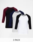 Asos Muscle 3/4 Sleeve T-shirt With Contrast Raglan 3 Pack Save 27% - Multi