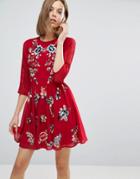 Asos Premium Mini Skater Dress With Floral Embroidery - Red