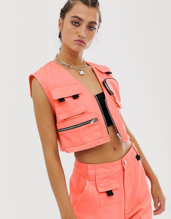 Asos Design Denim Utility Tank In Coral - Orange