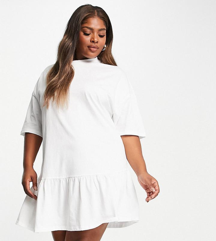 Asos Design Curve Oversized T-shirt Dress With Frill Hem In White