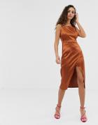 Outrageous Fortune Satin Asymmetric Shoulder Dress In Chocolate - Brown