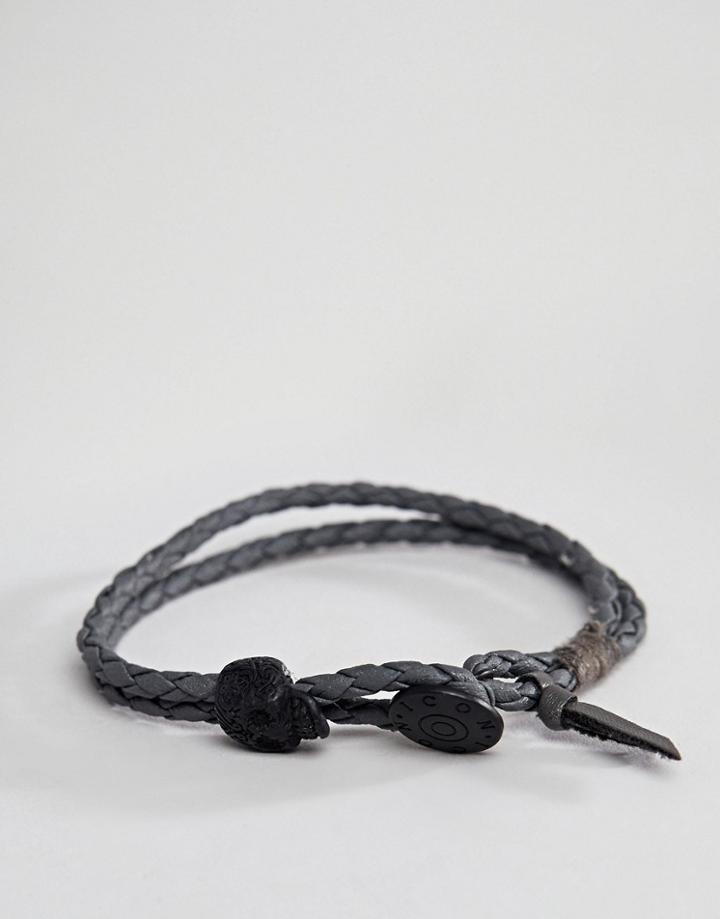 Icon Brand Gray Leather Plaited Bracelet With Skull Bead - Gray