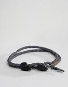 Icon Brand Gray Leather Plaited Bracelet With Skull Bead - Gray