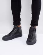 Hugo By Hugo Boss Futurism Leather Zip And Lace High Top Sneakers In Black - Black