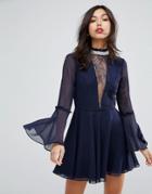 Asos Embellished Frill Neck Fluted Sleeve Mini Dress - Gray