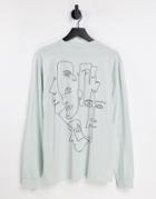 Asos Design Relaxed Long Sleeve T-shirt In Light Green With Line Drawing Back Print-white