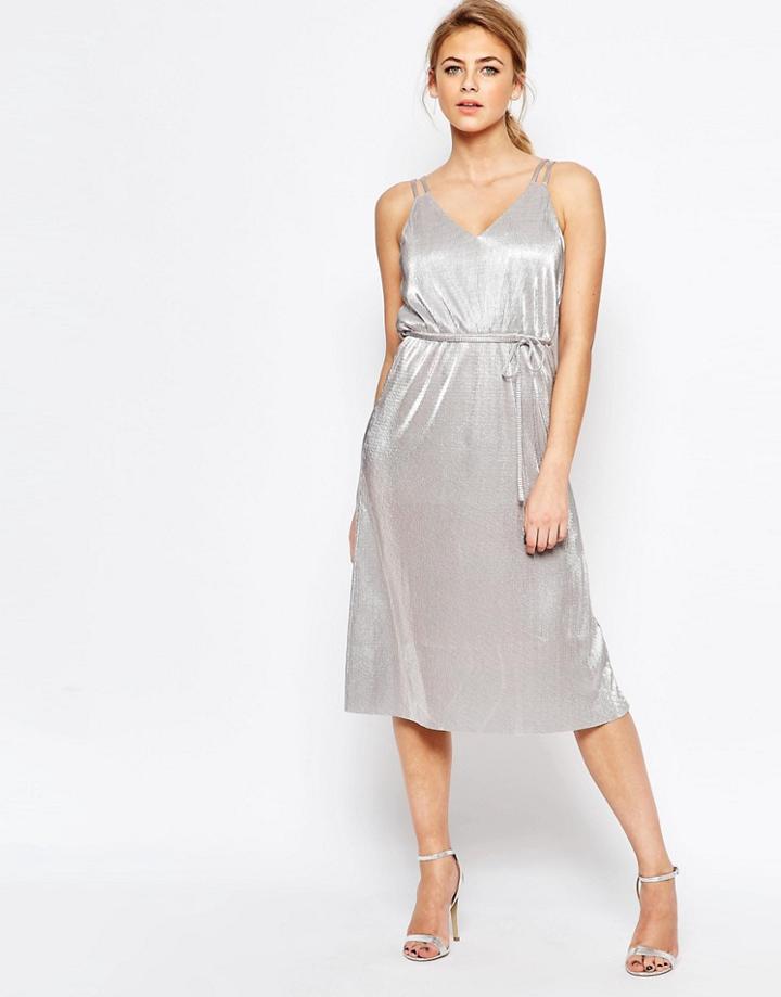 Oasis Metallic Midi Cami Dress With Tie Belt - Silver