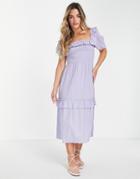 Miss Selfridge Textured Frill Detail Shirred Midi Dress In Blue-purple