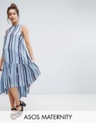 Asos Maternity Stripe Trapeze Midi Smock Dress In Dobby - Blue