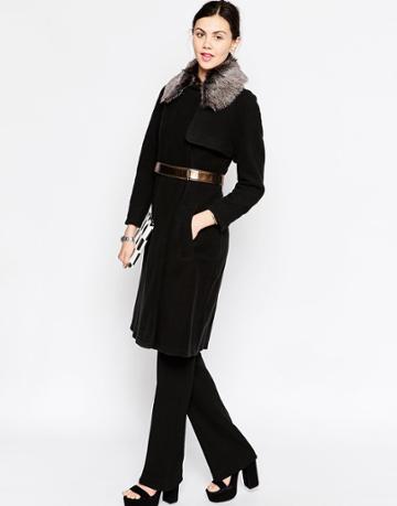 Antipodium Perpetua Belted Trench With Faux Fur Collar - Black