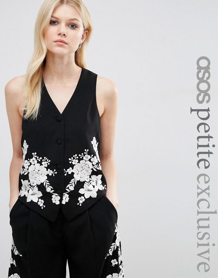 Asos Petite Co-ord Luxe Tux Waistcoat With Pretty Floral Embroidery - Black