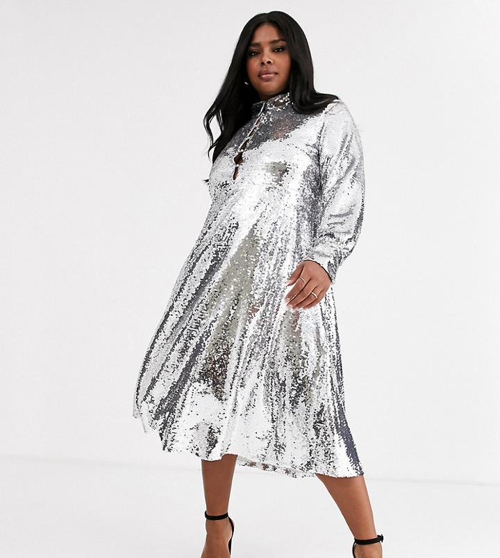Neon Rose Plus Midi Shirt Dress With Full Skirt In Sequin