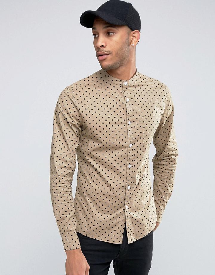 Asos Skinny Polka Dot Shirt With Grandad Collar In Stone - Gray