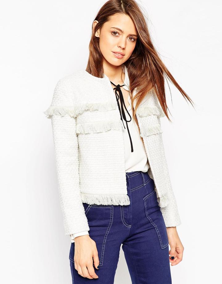 Asos Textured Jacket With Fringe Detail - White