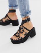 Asos Design Hooper Ring Detail Chunky Mid Heeled Sandals In Black - Black