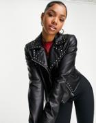 Miss Selfridge Faux Leather Studded Moto Jacket In Black