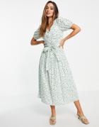 Y.a.s Organic Cotton Tie Waist Midi Dress In Mint Floral-multi