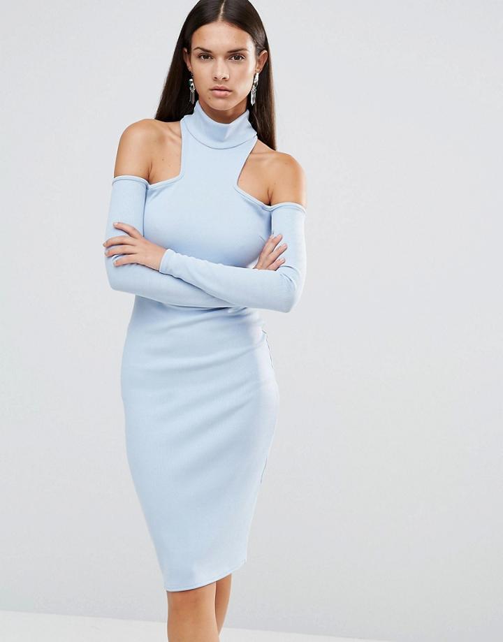 City Goddess High Neck Cold Shoulder Midi Dress - Blue