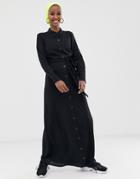 Asos Design Long Sleeve Button Through Maxi Dress With Belt - Black