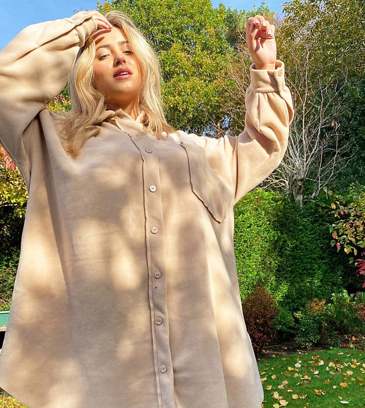 Asos Design Curve Mini Fleece Shirt Dress In Camel-white