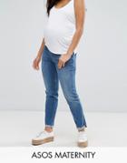Asos Maternity Kimmi Shrunken Boyfriend Jeans In Clover Mid Stonewash With Raw Hem Turn-up With Over The Bump Waistband - Blue