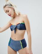 Jaded London Denim Bow Bandeau Bikini Top - Blue