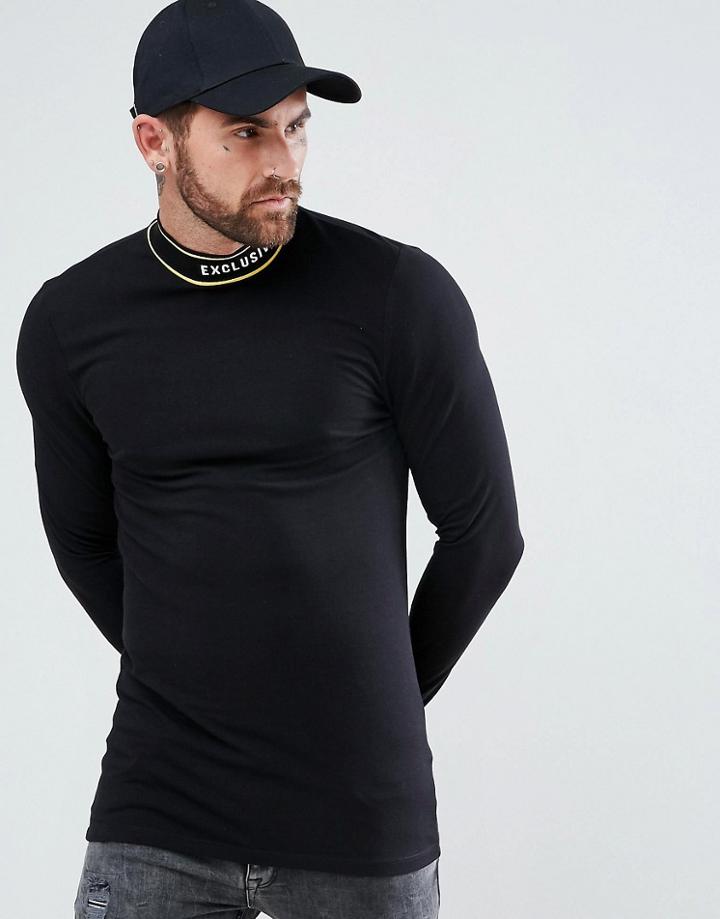 Asos Longline Muscle Long Sleeve T-shirt With Printed Turtleneck - Black
