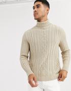 Asos Design Knitted Cable Knit Roll Neck Sweater In Oatmeal-beige