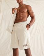 Asos Design Relaxed Ribbed Velour Short With City Embroidery In Beige - Part Of A Set-neutral
