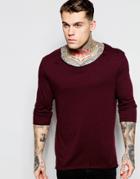 Asos 3/4 Sleeve Top With Raw Edge And Dropped Hem In Red - Oxblood
