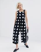 Asos Design Minimal Jumpsuit With Ruched Waist In Mono Check Print - Multi