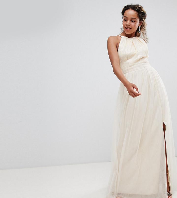 Little Mistress Petite Sequin High Neck Maxi Dress In Cream - Cream