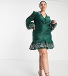 Asos Design Curve Embroidered Voile Cut Out Mini Dress With Button Front And Collar Detail-green