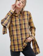 Asos Mustard Check Cotton Shirt With Extreme Tie Sleeves - Multi
