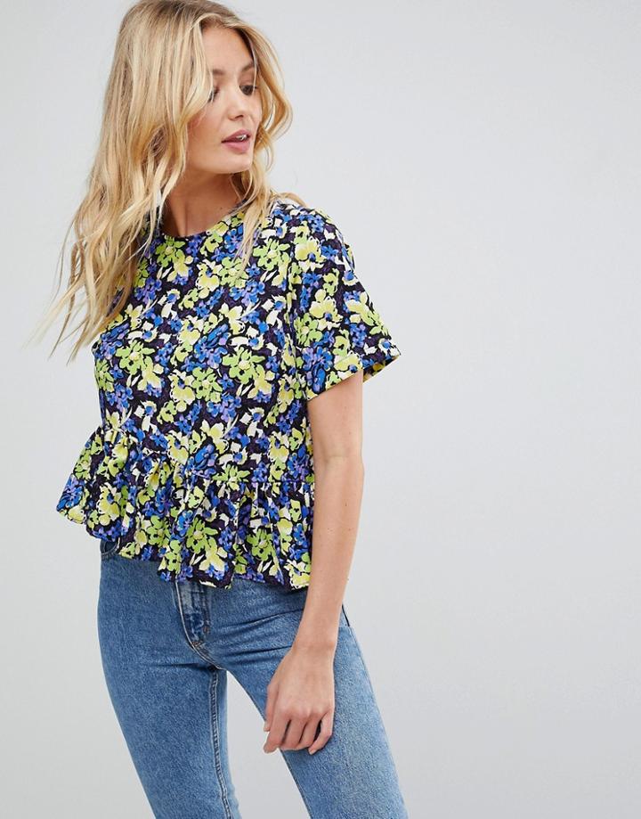 Asos Fuller Bust Ruffle Hem Tee In Bright Floral - Multi