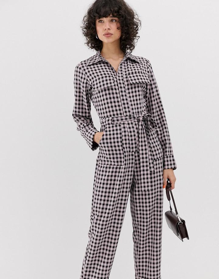 Lost Ink Boiler Suit With Belted Waist In Check - Pink