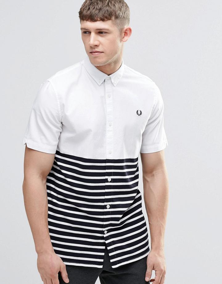 Fred Perry Shirt In Slim Fit With Half Stripe Short Sleeves - White